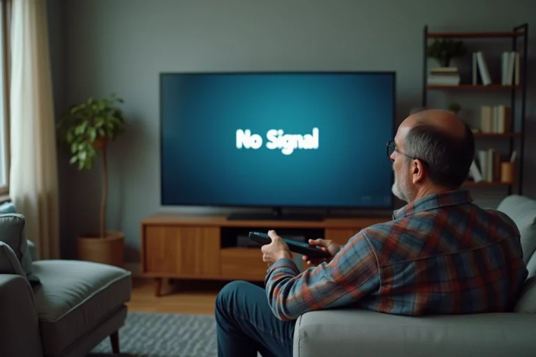 Homme perplexe regardant un téléviseur sans signal