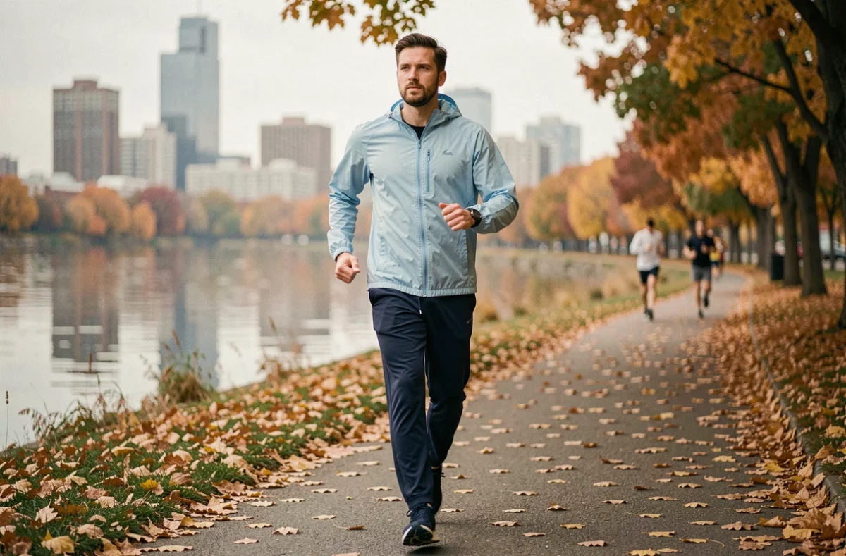 Homme en vêtements de running faisant du jogging sur un chemin de bord de rivière en parc urbain en automne