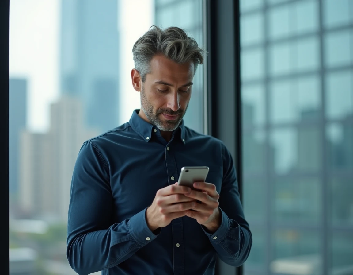 Homme consultant son smartphone pour contacter le 1064 de Bouygues Telecom depuis son appartement