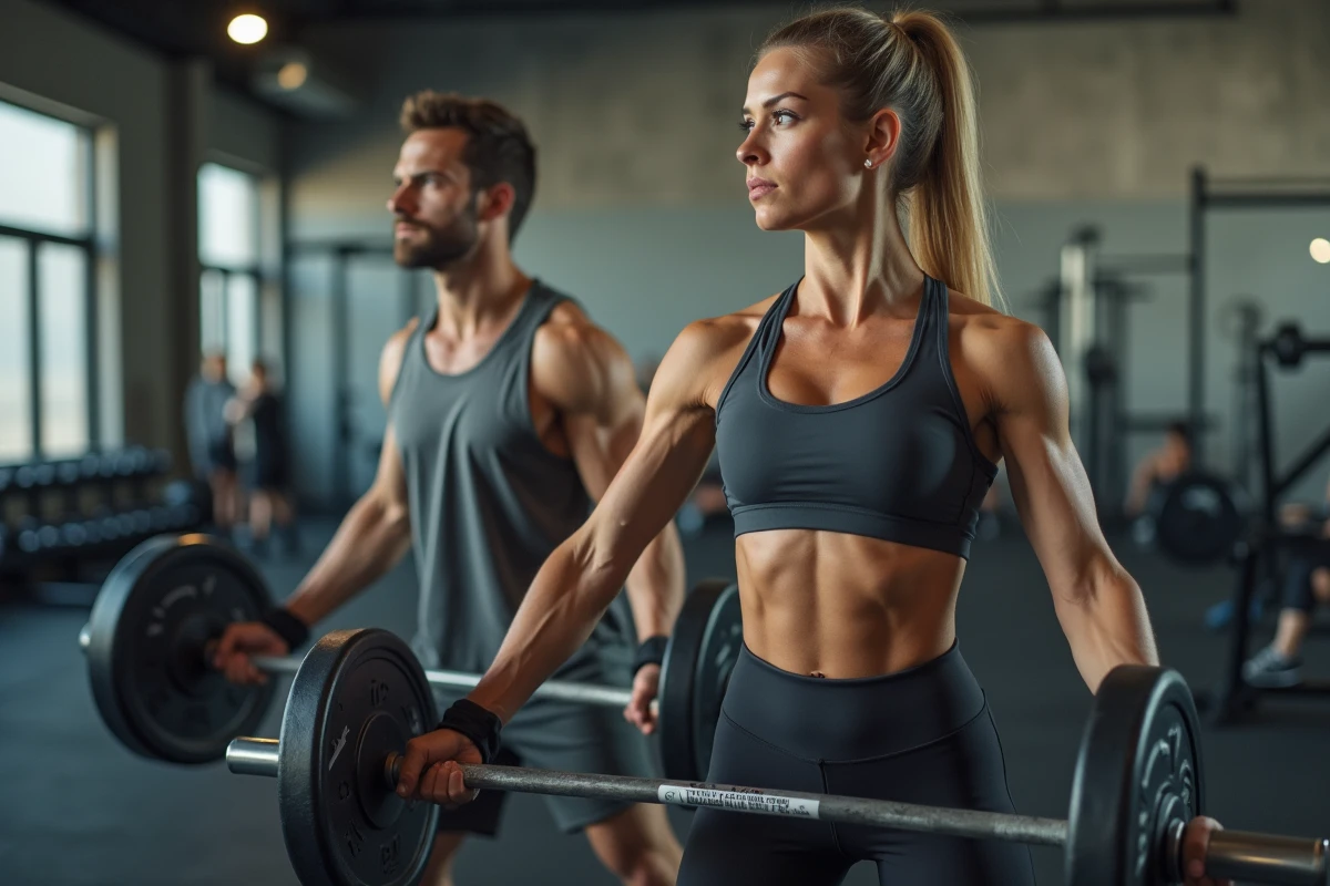 Homme et femme en musculation dans une salle moderne