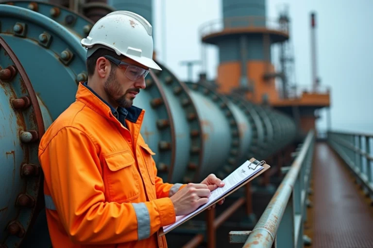 Ingénieur pétrolier en tenue de sécurité orange sur le pont d'une plateforme offshore Total, consultant des documents techniques
