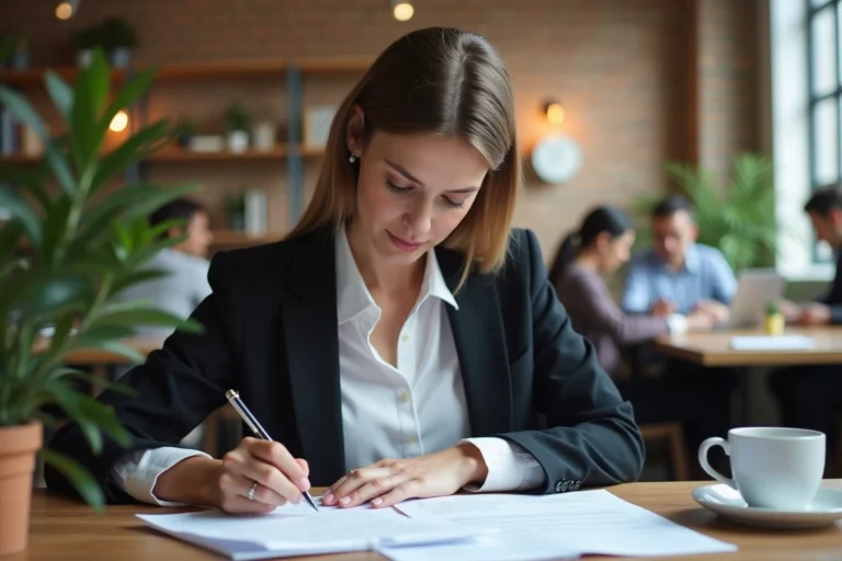 Jeune femme entrepreneur remplissant un dossier d'inscription au foyer entrepreneurial dans un espace de coworking moderne