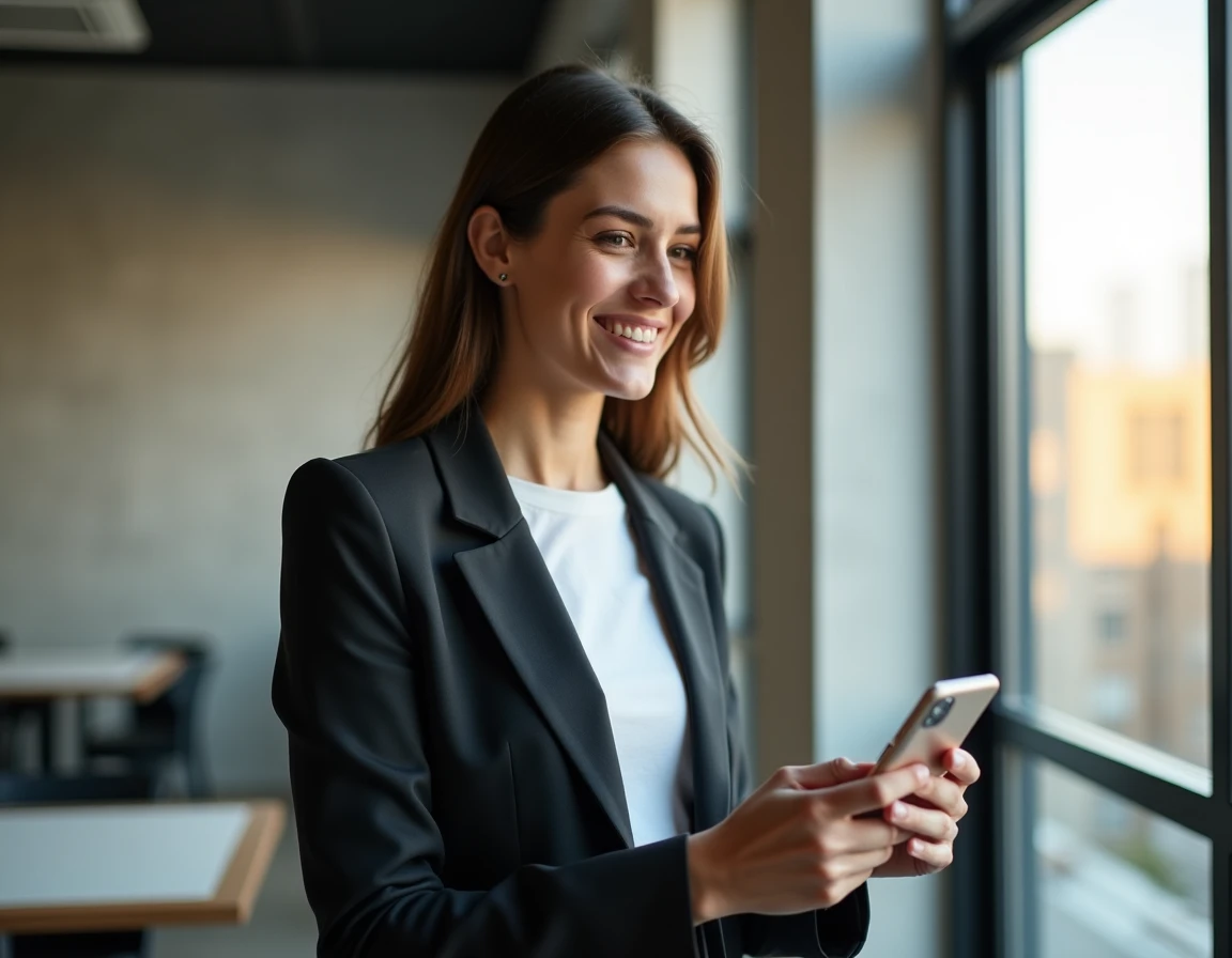 Jeune professionnelle configurant son compte MyCitya sur smartphone dans un espace de coworking