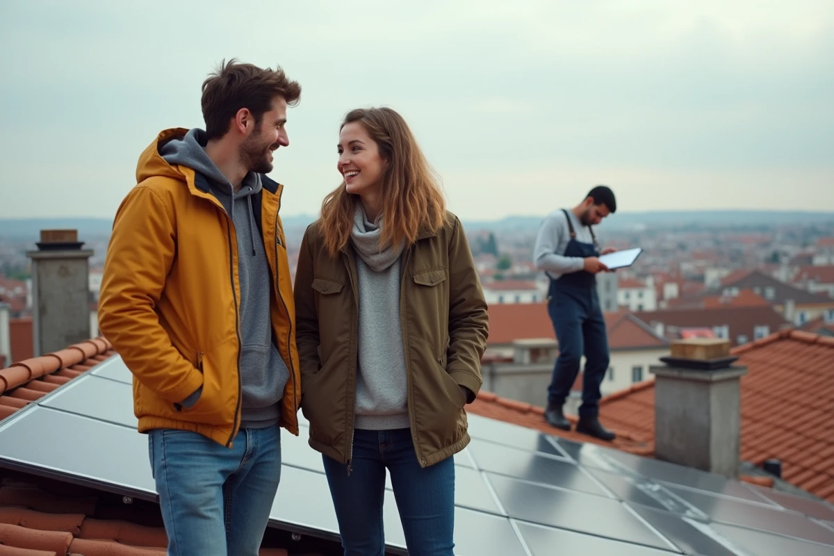 Jeune couple sur un toit de Toulouse avec technicien solaire en action