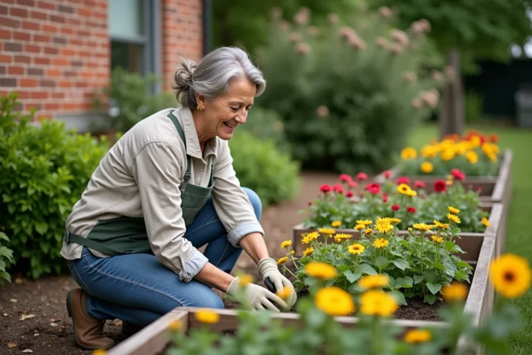 Femme d'âge moyen plantant des fleurs dans un jardin