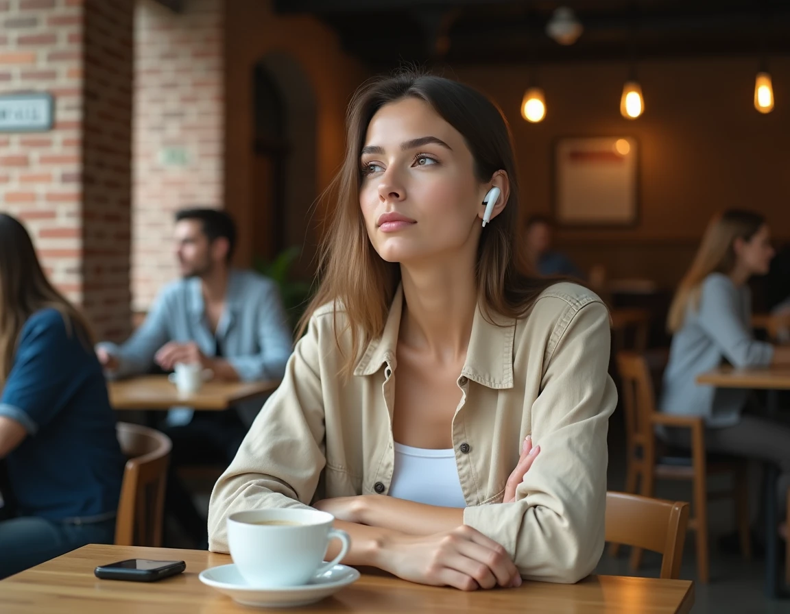 Jeune femme avec des écouteurs sans fil attendant le service client Bouygues Telecom dans un café