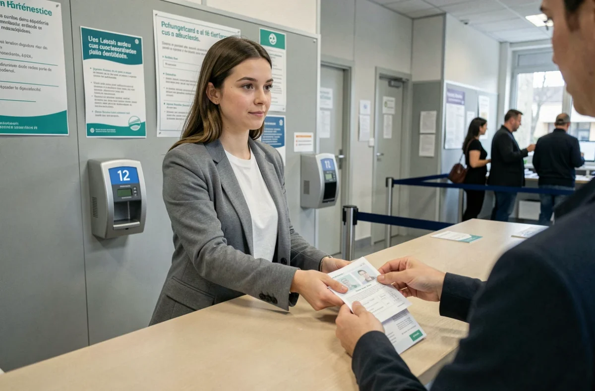 Jeune femme déposant des documents administratifs au guichet d'une préfecture pour résoudre un dossier ANTS