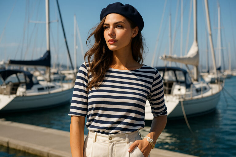 Jeune femme à la mode sur le port avec bracelet marin
