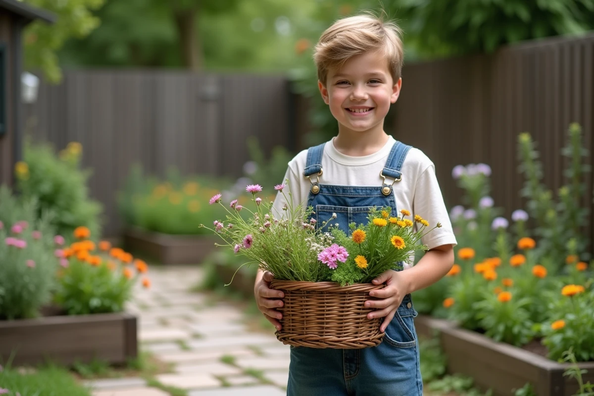Adolescent tenant un panier de fleurs et légumes dans le jardin