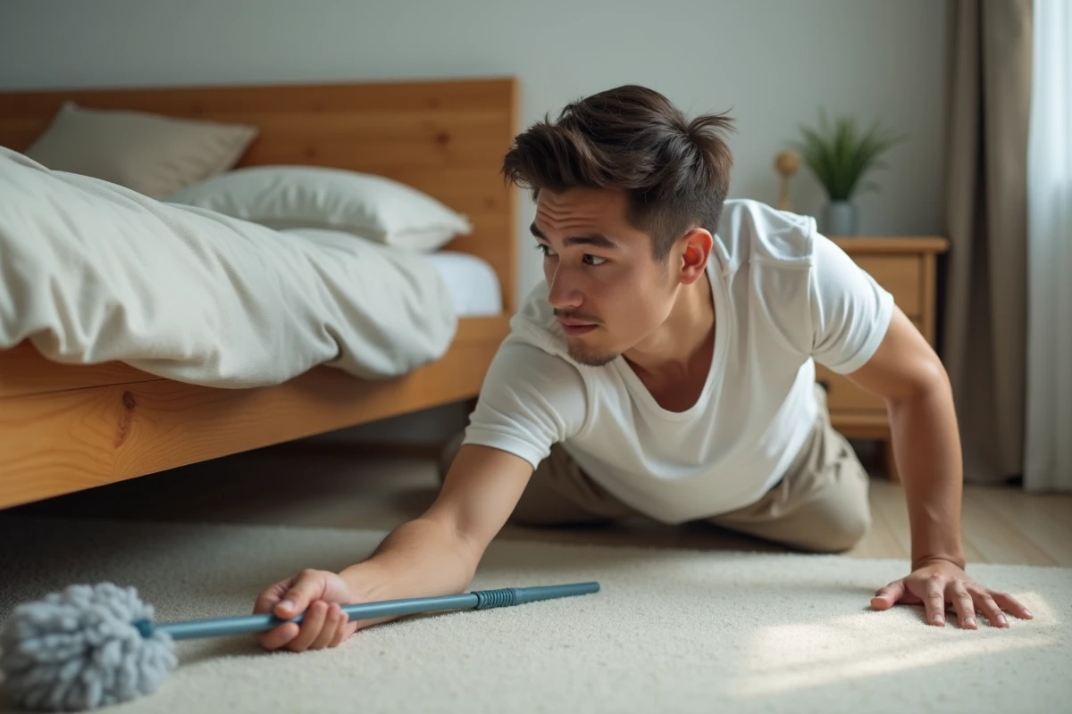 Jeune homme utilisant un balai microfibre sous le lit