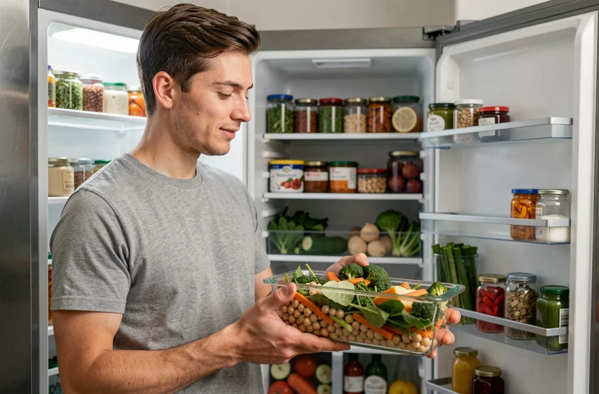 Jeune homme sortant un repas préparé en avance du réfrigérateur, meal prep léger et équilibré pour une alimentation minceur au quotidien