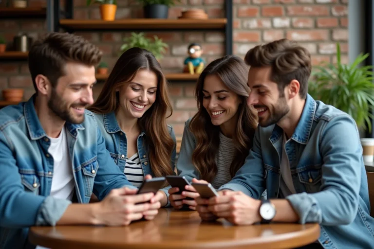 Groupe de jeunes adultes avec gadgets tech dans un café