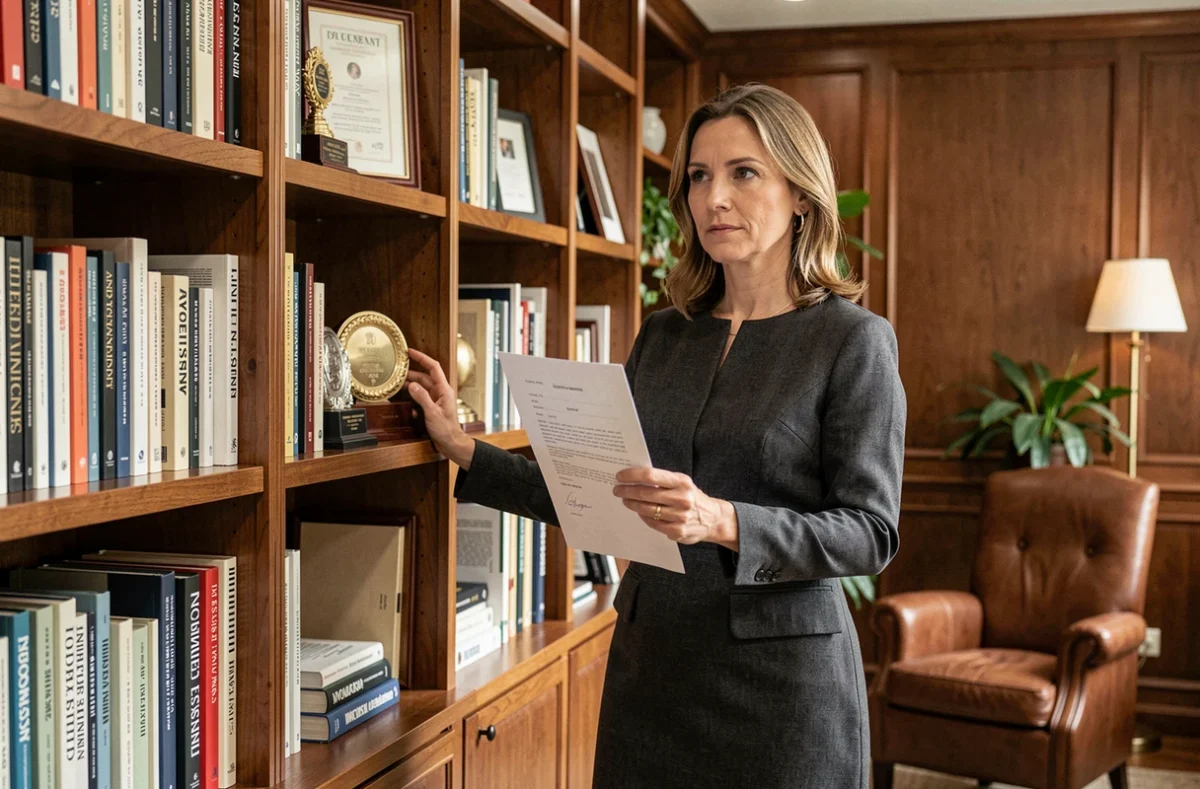 Femme journaliste devant une bibliothèque professionnelle tenant un contrat, évoquant salaire et fortune dans les médias français