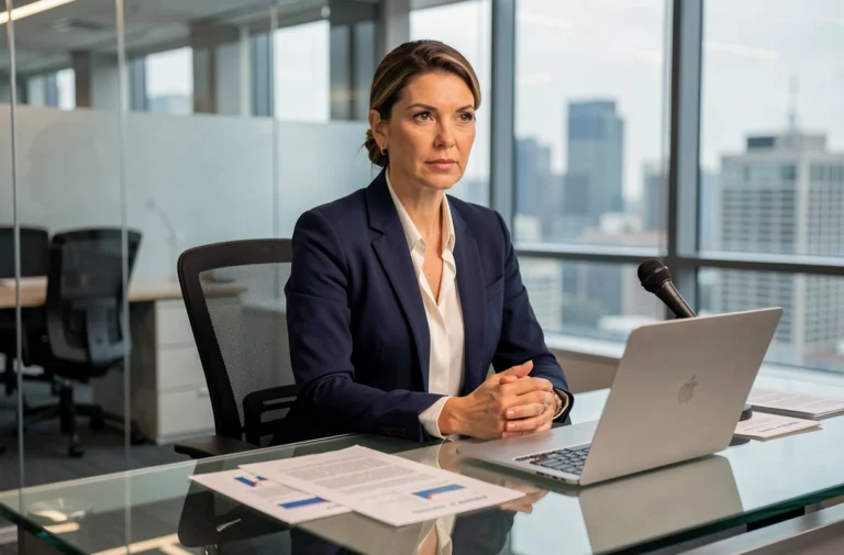 Journaliste professionnelle assise à un bureau de rédaction moderne, symbolisant les revenus et la carrière médiatique d'Apolline de Malherbe