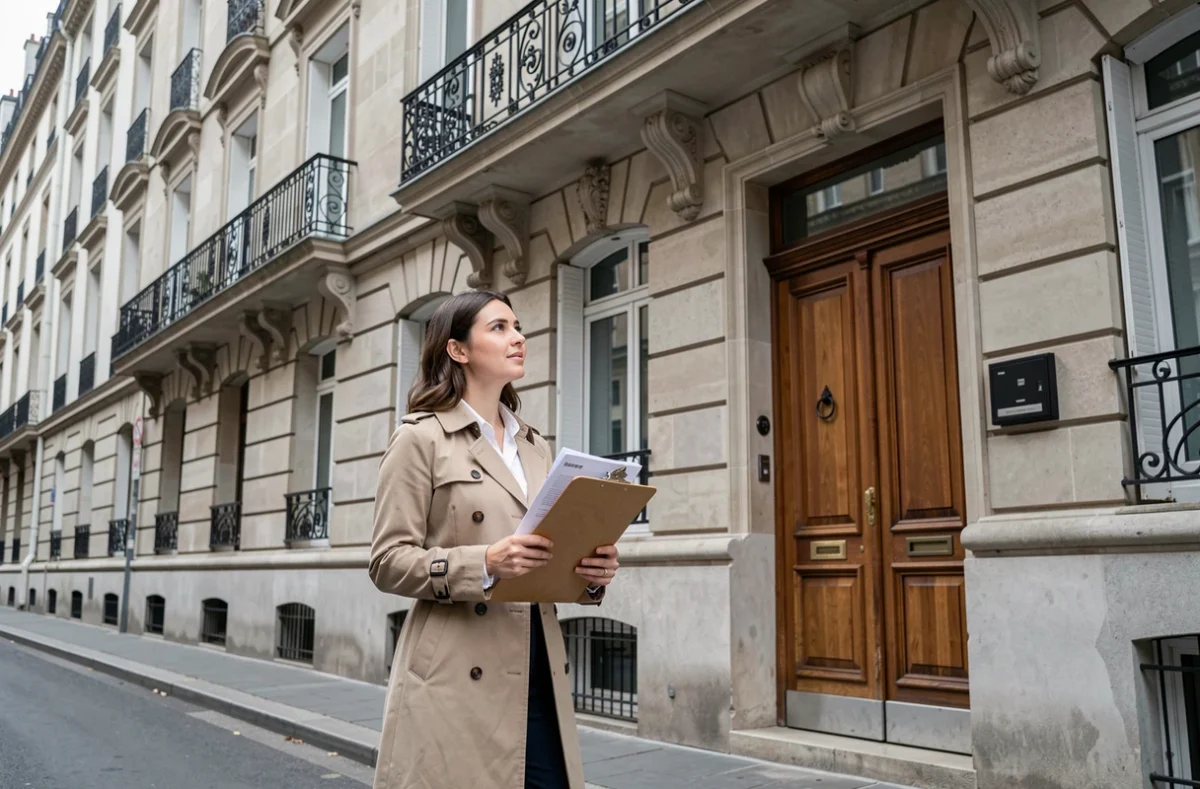Jeune locataire devant un immeuble résidentiel parisien tenant des documents liés à la garantie loyer impayé