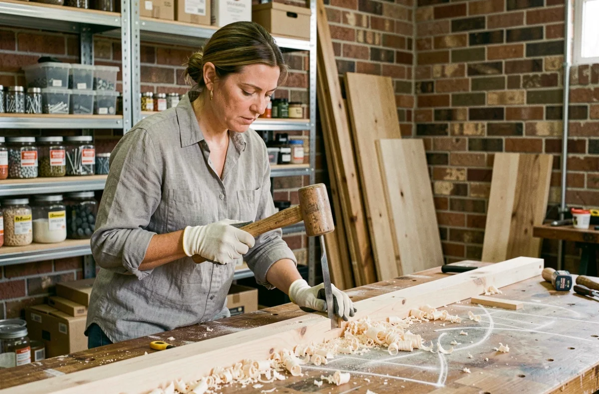 Femme bricolant avec un maillet en bois et un ciseau à bois sur un établi dans un atelier garage avec murs en briques