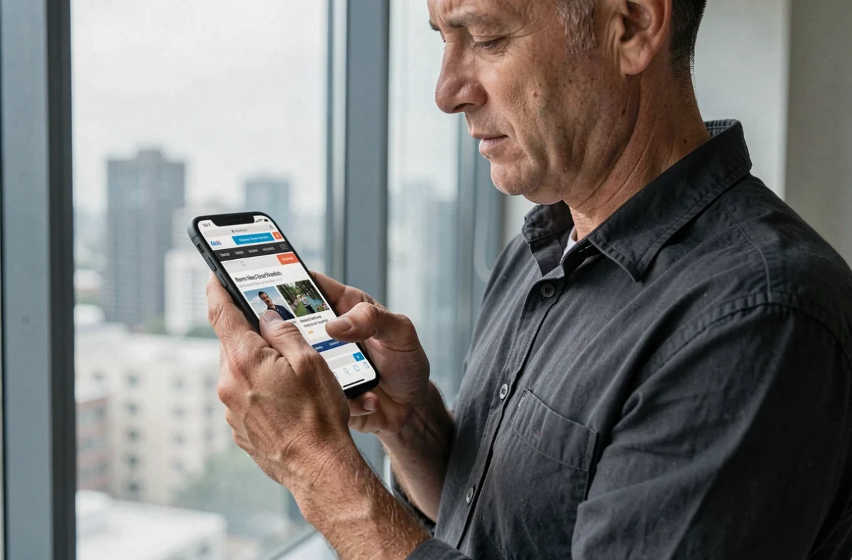 Homme consultant La Gazette de Constantine sur smartphone avec navigation entre les pages du site