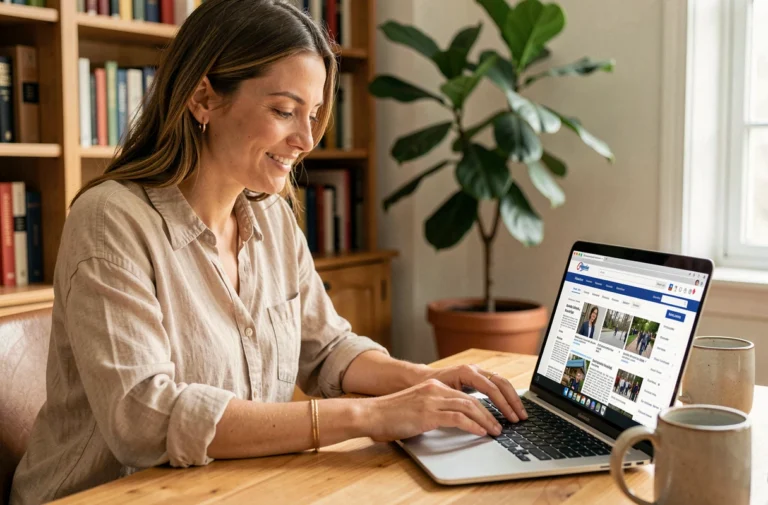 Femme naviguant sur le site La Gazette de Constantine depuis un ordinateur portable dans un bureau à domicile