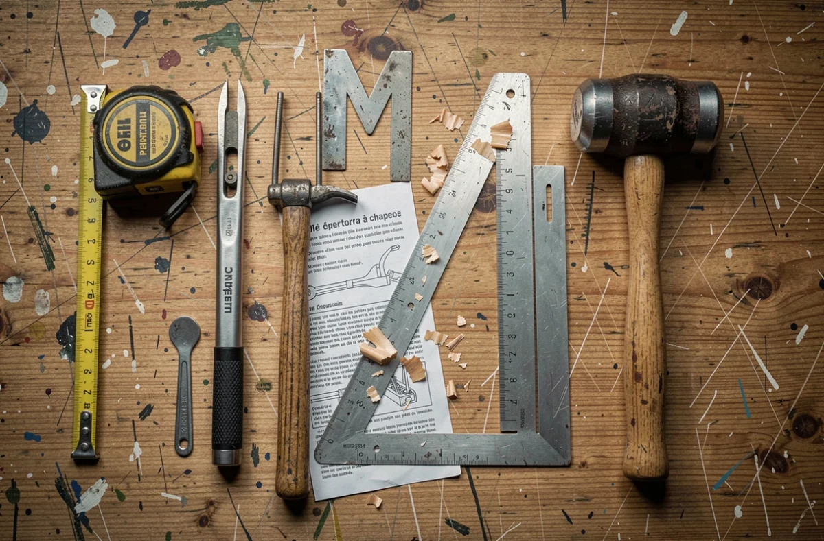 Vue du dessus d'un assortiment d'outils de bricolage commençant par M posés sur un établi en chêne usé, dont mètre ruban, maillet et trusquin