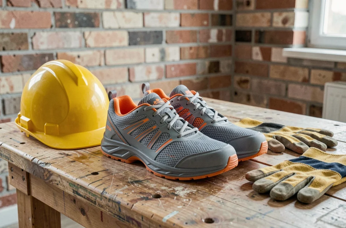 Paire de chaussures de sécurité légères pour homme posées sur un établi en bois avec un casque de chantier jaune, mettant en avant le design respirant et la semelle antidérapante