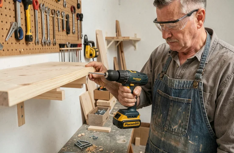 Homme bricoleur utilisant une perceuse visseuse sans fil pour fixer une étagère en bois sur un mur blanc dans un atelier maison