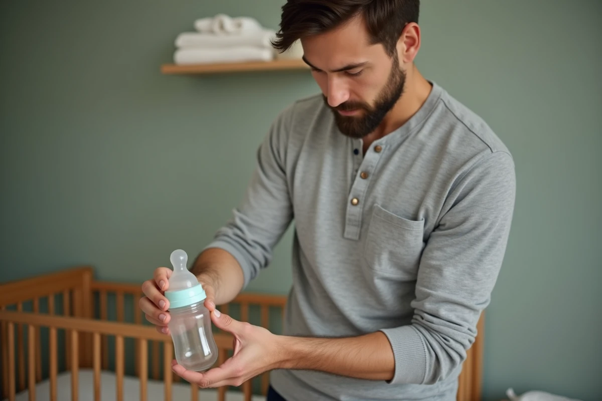 Père assemblant une tétine sur un biberon en verre dans une chambre de bébé aux tons naturels et apaisants