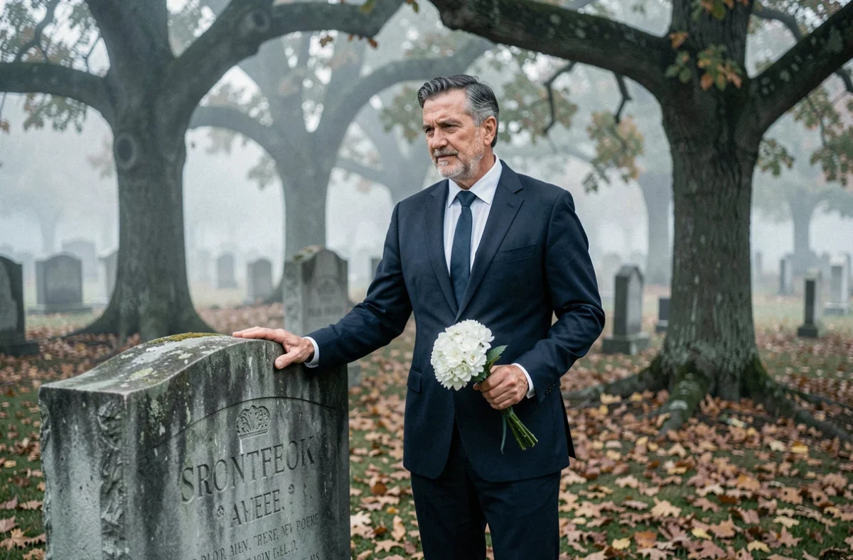 Père en deuil devant la tombe de sa fille dans un cimetière automnal, tenant un bouquet de fleurs blanches