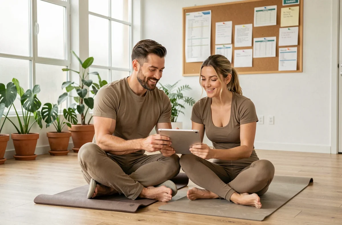 Un homme et une femme en tenue sportive décontractée consultant un programme d'entraînement sur tablette dans un centre de bien-être