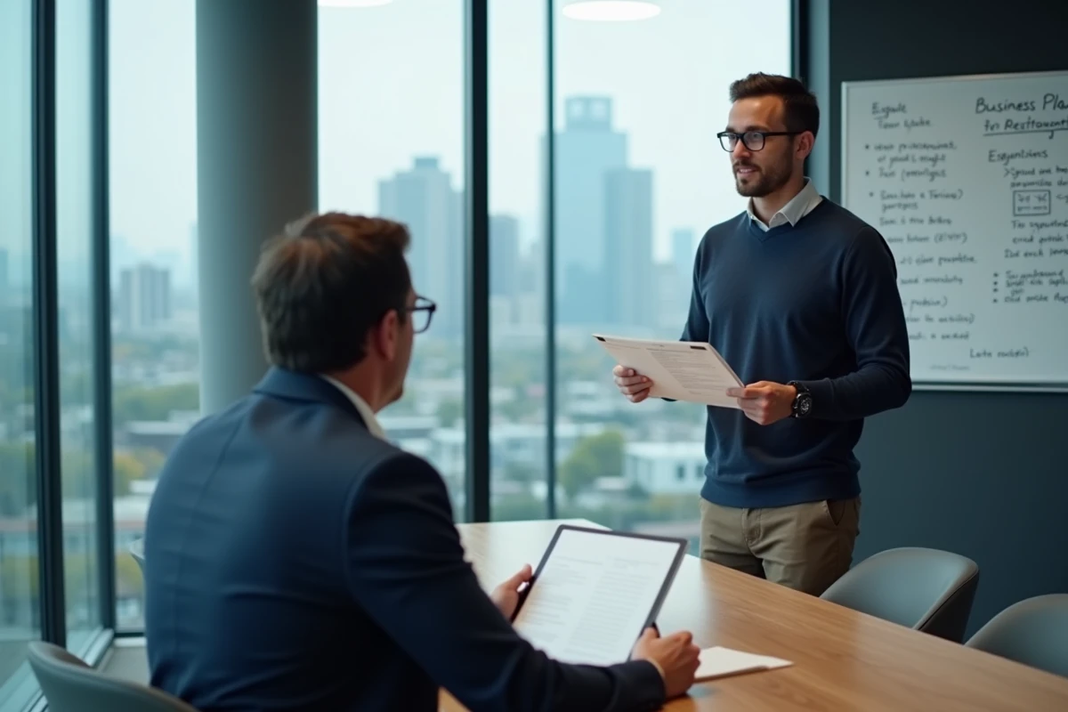 Entrepreneur présentant son projet startup à un conseiller du foyer entrepreneurial avec vue sur la ville