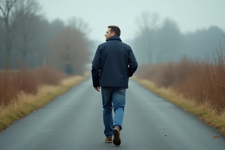 Homme d'âge moyen marche seul en campagne automnale