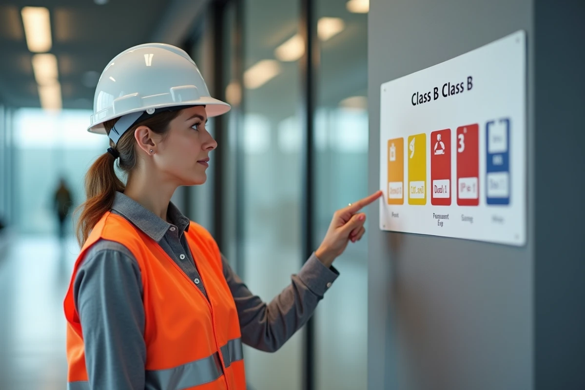 Responsable sécurité en entreprise présentant les classes de feu sur un panneau pédagogique dans un couloir de bureau