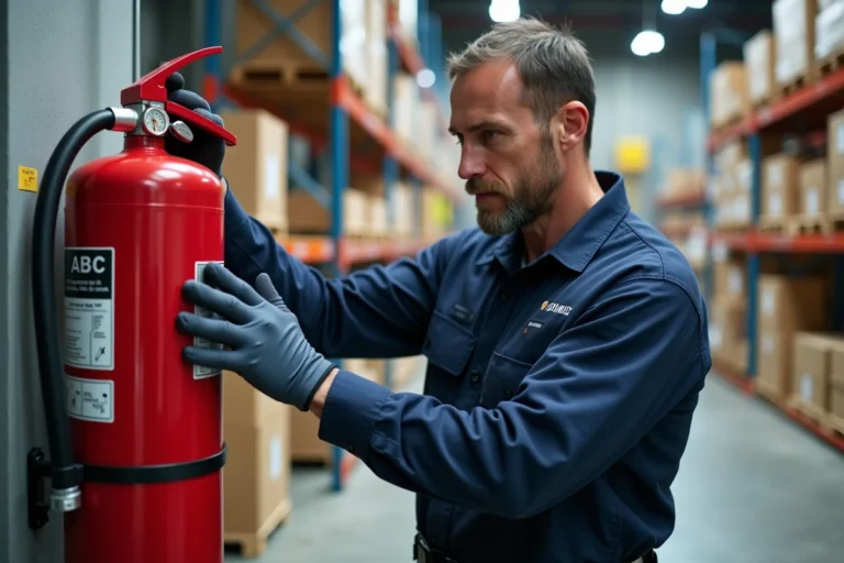 Technicien en sécurité incendie inspectant un extincteur ABC rouge dans un entrepôt industriel