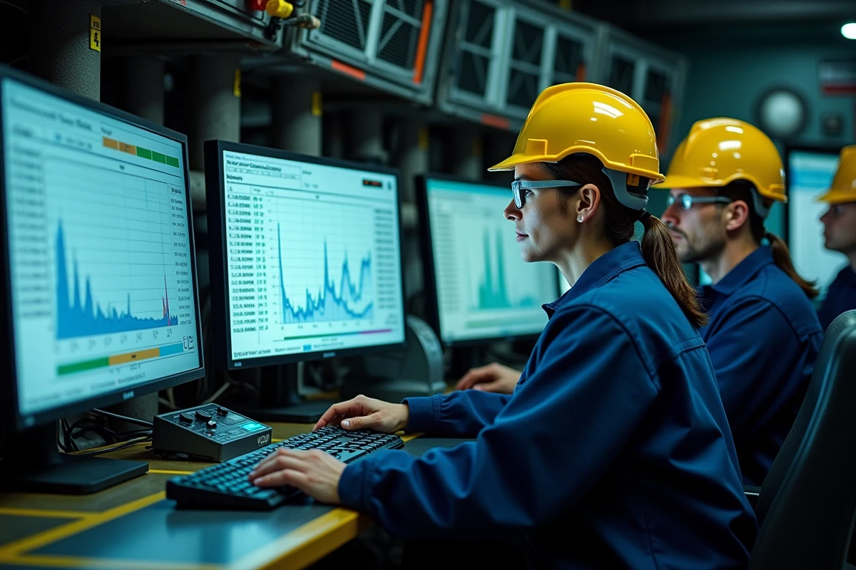Deux techniciens sur une plateforme pétrolière Total analysant des données de forage dans la salle de contrôle offshore