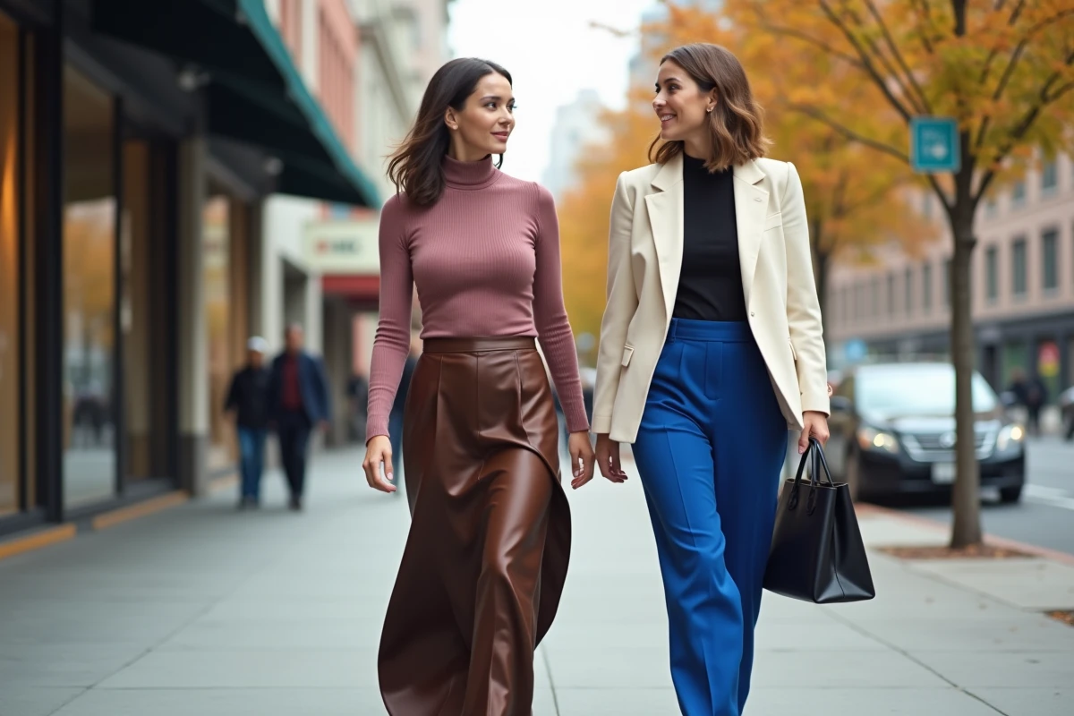Deux femmes élégantes marchant en ville portant des tenues aux couleurs tendance 2025, satin chocolat et bleu cobalt