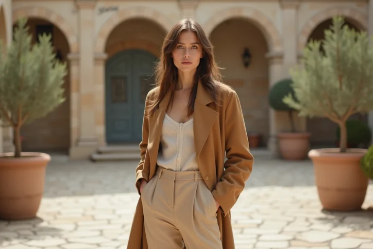 Femme portant un manteau camel oversize et un pantalon ivoire dans une cour parisienne, tendances mode automne 2025