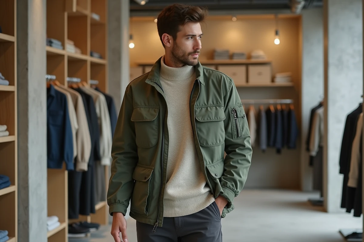 Homme en veste utilitaire vert sauge dans un concept store minimaliste, tendances mode homme printemps 2025