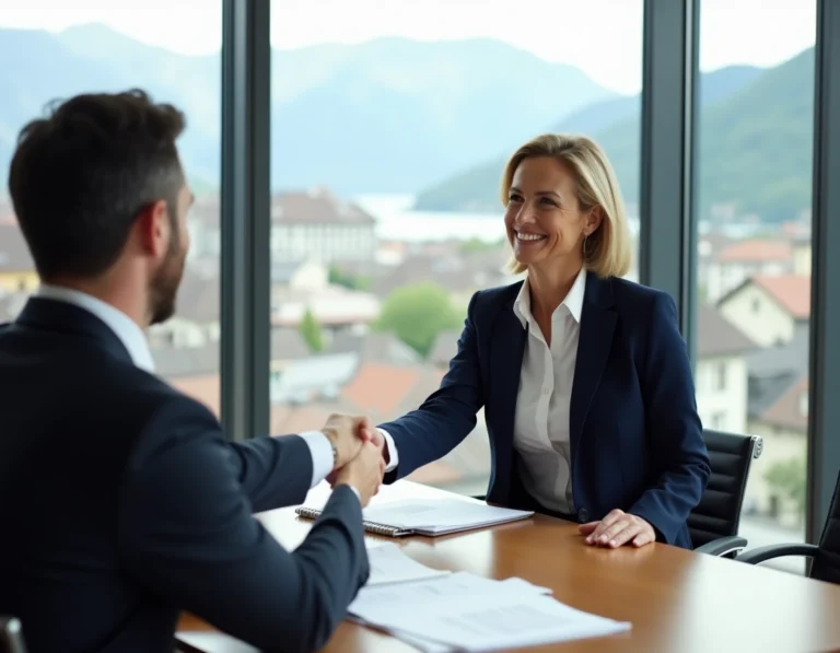 Une cheffe d'entreprise et un courtier spécialisé concluent la vente d'une entreprise lors d'une réunion professionnelle à Annecy avec vue sur le lac