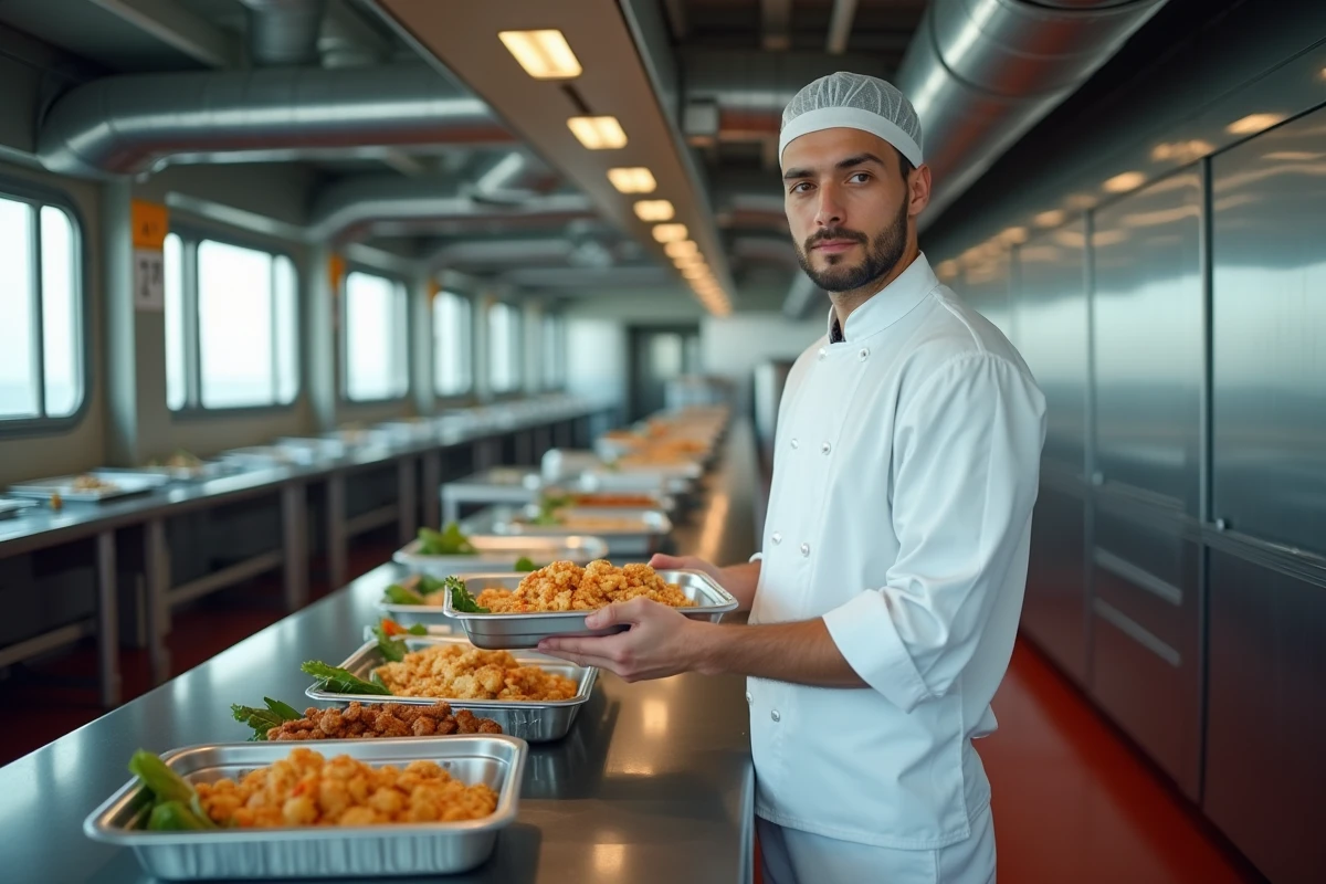 Agent de restauration servant des repas dans la cantine d'une plateforme pétrolière offshore, vie quotidienne sur un rig Total